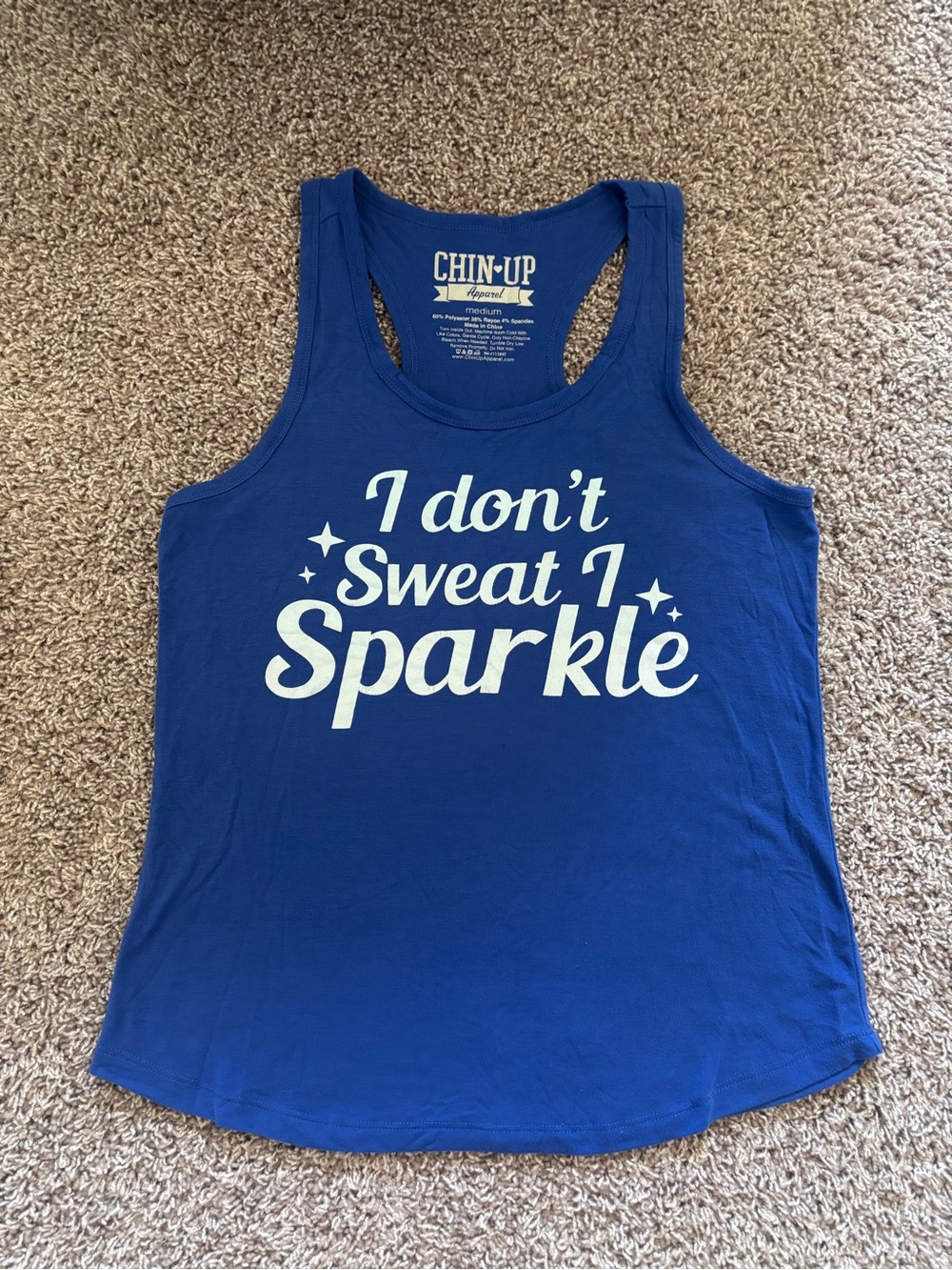 Chin Up Apparel Blue Racerback Tank with White "I Don't Sweat I Sparkle" Text